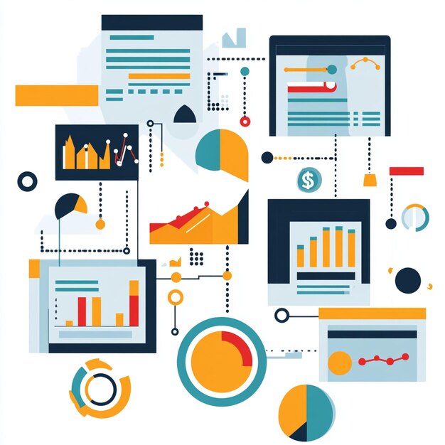 Empresario usando una computadora portátil con datos de marketing digital y una publicidad de IA