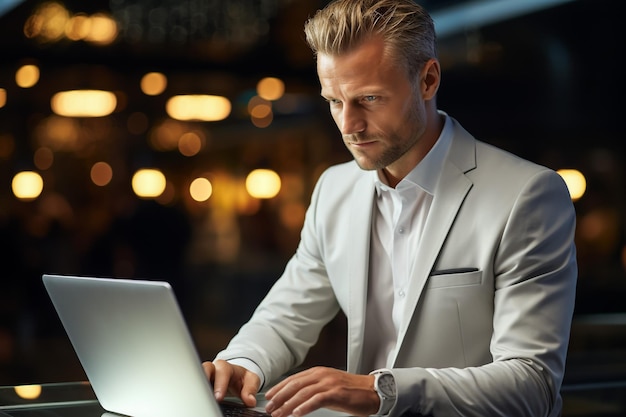 Empresario usando computadora portátil en la oficina Feliz hombre de mediana edad empresario propietario de una pequeña empresa trabajando en línea