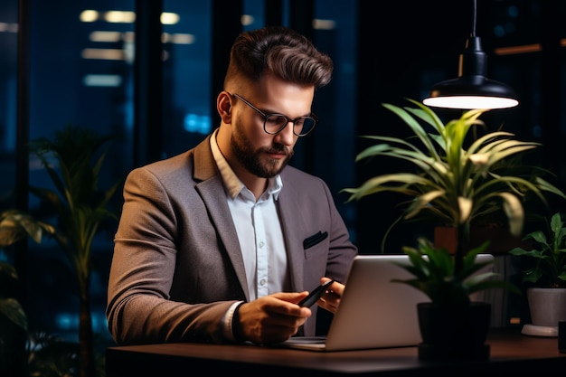 Empresario usando computadora portátil en la oficina Feliz hombre de mediana edad empresario propietario de una pequeña empresa trabajando en línea