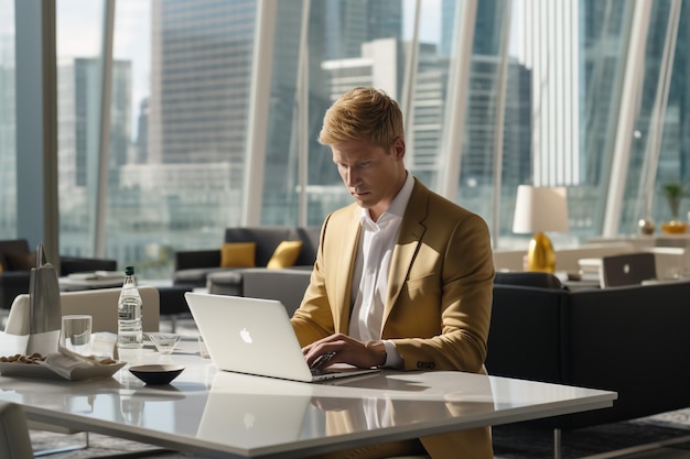 Empresario usando computadora portátil en la oficina Feliz hombre de mediana edad empresario propietario de una pequeña empresa trabajando en línea