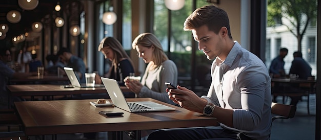 Empresario usando una computadora portátil y un teléfono móvil generado por ai