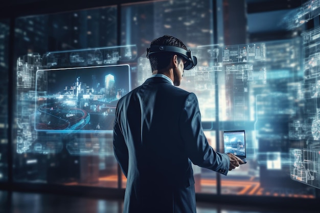 Empresário usando fone de ouvido de realidade virtual contra tela de holograma no interior do escritório Empresário usando VR e usando tecnologia de IA holograma no trabalho capturado da visão traseira AI Gerado