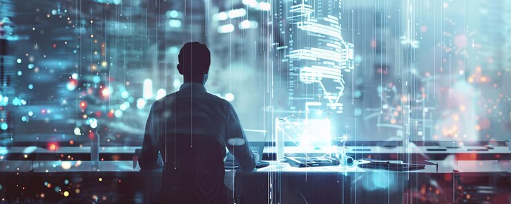 Empresario usando una interfaz holográfica futurista en su escritorio para trabajar con datos y código