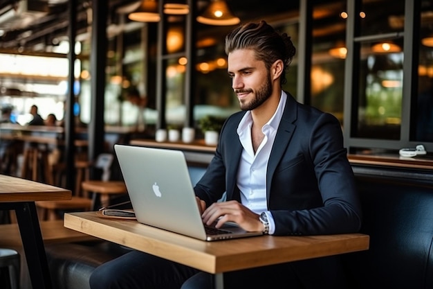 Empresário usando laptop no escritório Homem de meia-idade feliz empreendedor de pequena empresa