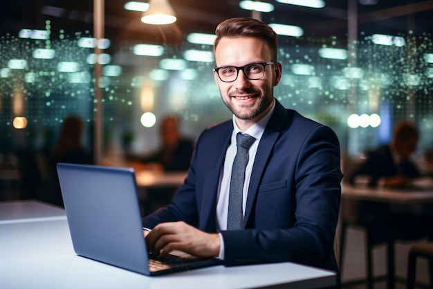 Empresário usando laptop no escritório Homem de meia-idade feliz empreendedor de pequena empresa