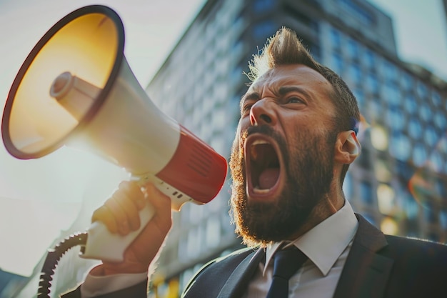 Empresário usando megafone para comunicação e promoção