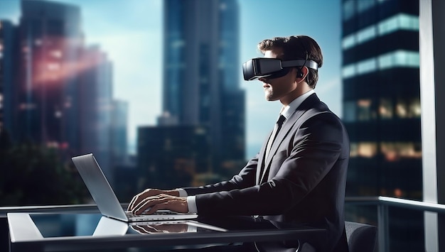 Empresário usando óculos de realidade virtual, sentado à mesa com laptop no escritório