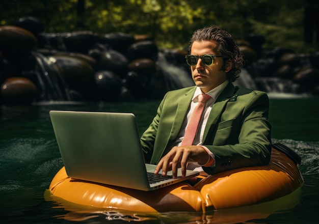 Empresário usando óculos escuros em um laptop à beira da piscina