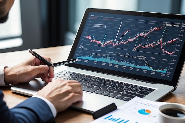 Empresário usando tablet e laptop analisando dados de vendas e gráfico de crescimento econômico Estratégia de negócios Marketing digital