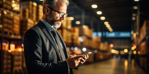 Empresário usando tablet em distribuição de rede logística e transporte inteligente