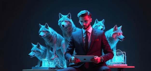Empresario usando una tableta digital rodeado de lobos holográficos en una oficina futurista