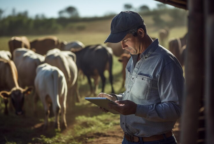 empresario usando tableta en la granja