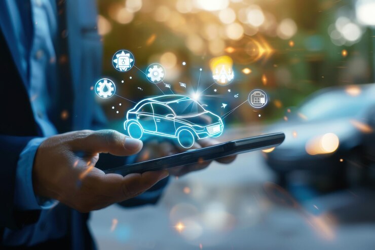 Empresario usando una tableta para interactuar con una interfaz holográfica futurista de conectividad de automóviles y seguimiento GPS