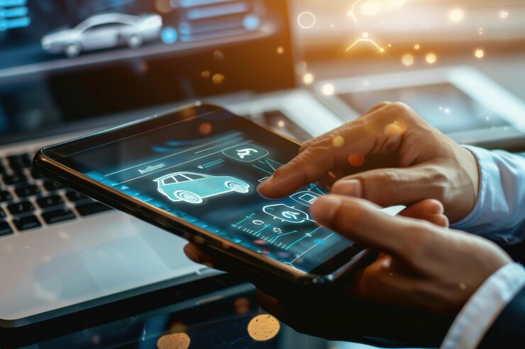 Empresario usando una tableta para interactuar con una interfaz holográfica futurista de conectividad de automóviles