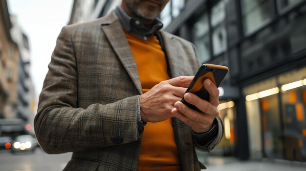 Empresario usando teléfono inteligente en la ciudad