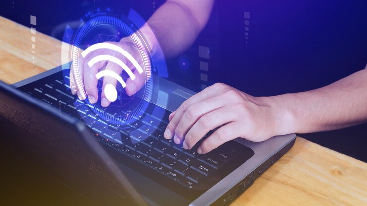 Foto empresario usando tocar con icono wifi concepto de comunicación empresarial de red social concepto inalámbrico wifi red gratuita concepto de internet