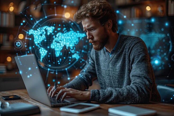 Un empresario utiliza una computadora portátil para sincronizar los datos de la empresa en un dispositivo informático con las tecnologías de Internet