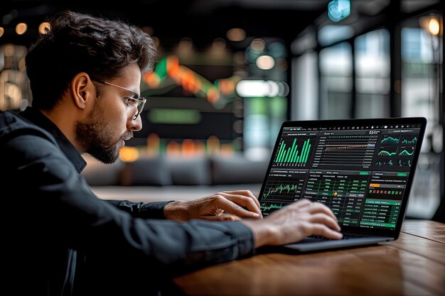 Un empresario utiliza una computadora portátil para sincronizar los datos de la empresa en un dispositivo informático con las tecnologías de Internet