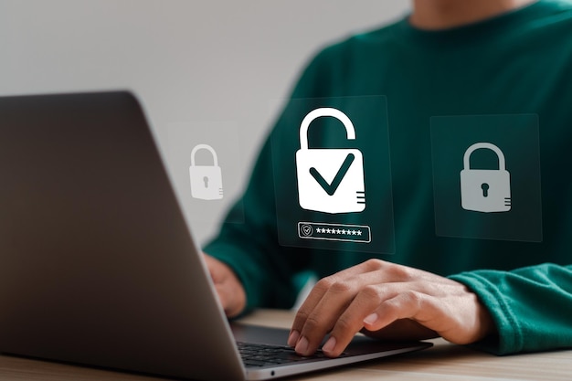 Foto empresario utiliza portátil con icono de candado para proteger la información de privacidad cibernética tecnología de acceso a internet segura encriptación de seguridad de los datos privados del usuario concepto de ciberseguridad