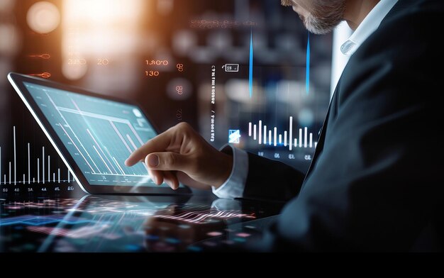 Empresario utilizando pantalla digital Análisis de datos