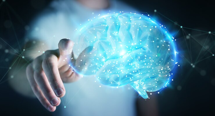Foto empresario utilizando proyección digital 3d de un cerebro humano