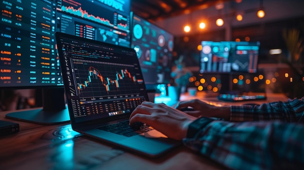 Empresário vê gráfico de mercado de ações no laptop no escritório