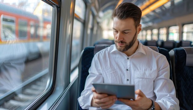 Empresario viajando en tren usando una tableta