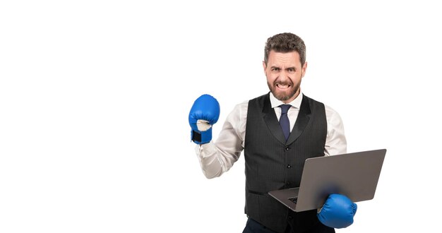 Empresário zangado em luvas de boxe segura pc isolado em fundo branco cópia espaço cyber bullying