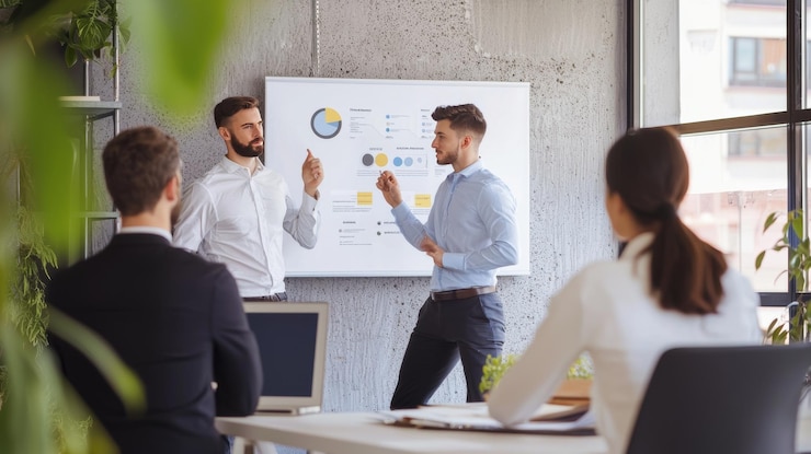 Foto empresários a discutir dados no quadro branco