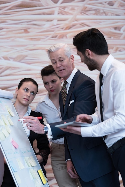 Foto los empresarios agrupan la lluvia de ideas sobre la reunión y los empresarios presentan ideas y proyectos en flipboard al director general senior, el jefe da tareas y proyectos a los empleados