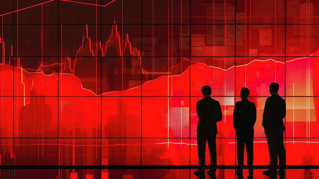 Empresários analisando uma tendência descendente nos dados de mercado conceito de crise financeira imagem de estilo silhueta com tons vermelhos foto de mercado de ações AI