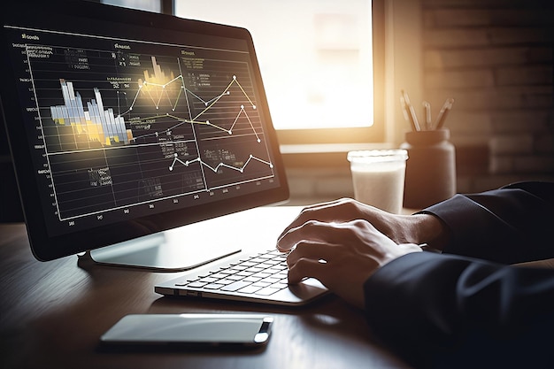 Los empresarios analizan y calculan datos en portátiles Inversión financiera IA generativa