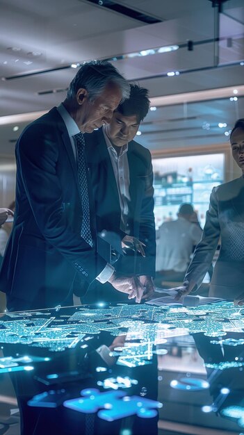 Empresarios analizando datos en una mesa con pantalla táctil