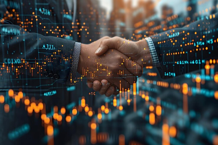 Foto empresarios apretón de manos mercado de valores global gráfico de barras gráfico de conexión de red del globo diagrama de enlaces
