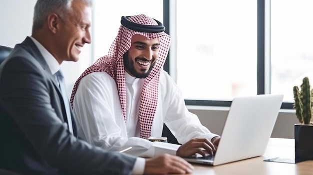 Empresarios árabes y europeos que trabajan con confianza utilizando IA generativa en un lugar de trabajo blanco