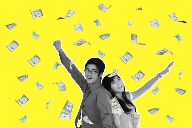 Empresários asiáticos com dinheiro voando colagem em estilo de revista Arte contemporânea Design moderno