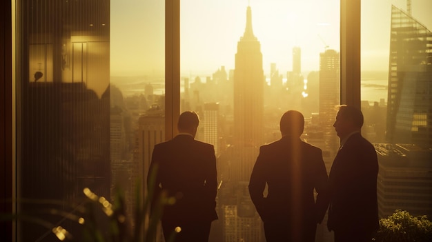 Empresarios contemplando el paisaje de la ciudad al atardecer