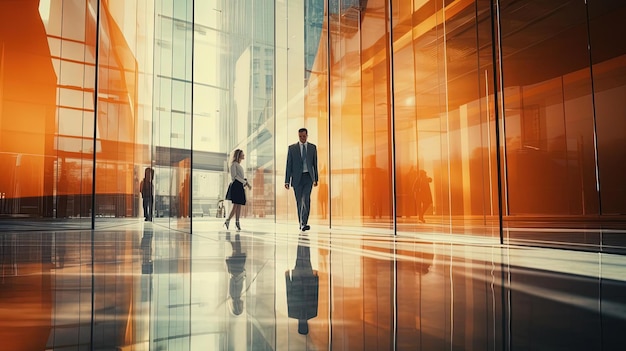 empresarios corporativos caminando en una oficina moderna con paredes de vidrio al estilo de color naranja oscuro