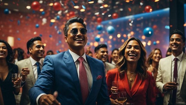 Empresarios corporativos divirtiéndose y en una fiesta corporativa en la oficina celebrando un evento espacial como