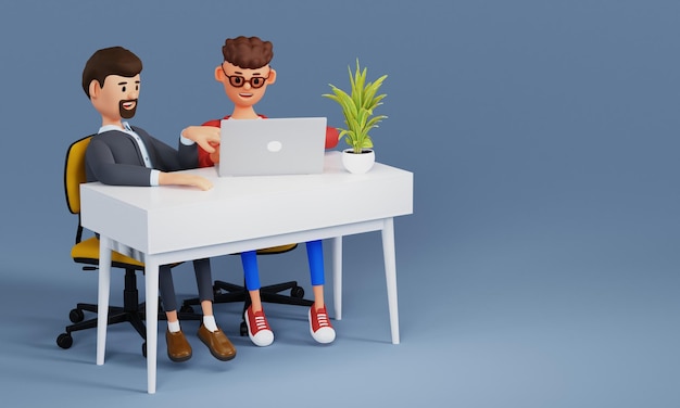 Empresários de desenho animado freelancers trabalham em uma mesa em um escritório moderno em um laptop workplace concept 3d illustration