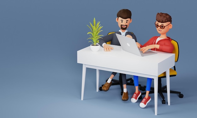 Empresários de desenho animado freelancers trabalham em uma mesa em um escritório moderno em um laptop workplace concept 3d illustration