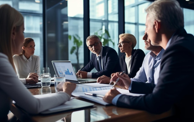 Empresarios discutiendo informes financieros durante la reunión