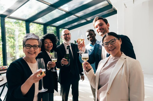 Foto empresarios y empresarias haciendo una fiesta corporativa