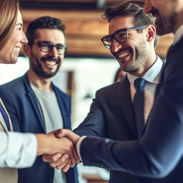 Empresarios estrechando la mano en acuerdo con colegas en el fondo