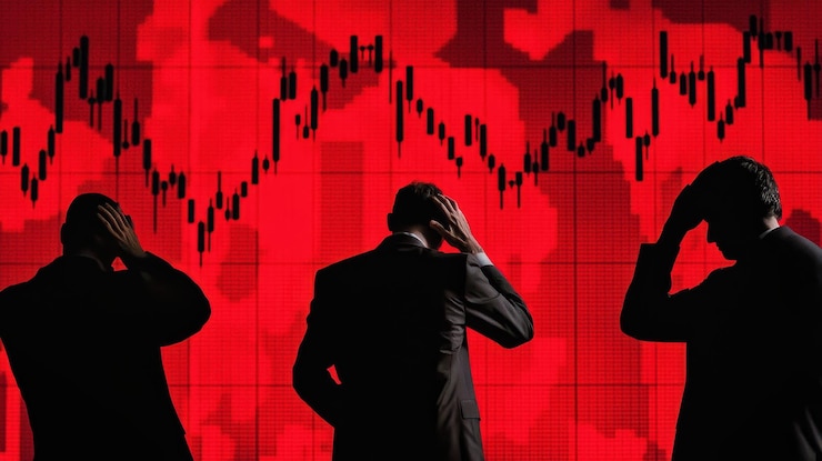 Empresarios estresados mirando el gráfico rojo del mercado de valores