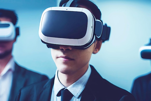 Empresários estudando tecnologias do futuro com ajuda de fone de ouvido vr