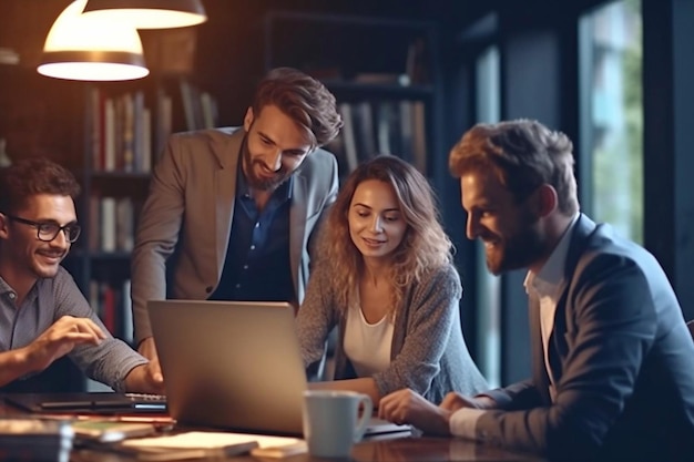 Empresarios felices riendo mientras colaboran en un nuevo proyecto en una oficina Grupo de empresarios diversos que usan una computadora portátil mientras trabajan juntos en un espacio de trabajo moderno IA generativa