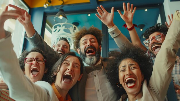 Foto empresarios felices riendo mientras colaboran en un nuevo proyecto en una oficina grupo de empresarios diversos usando una computadora portátil mientras trabajan juntos en un espacio de trabajo moderno