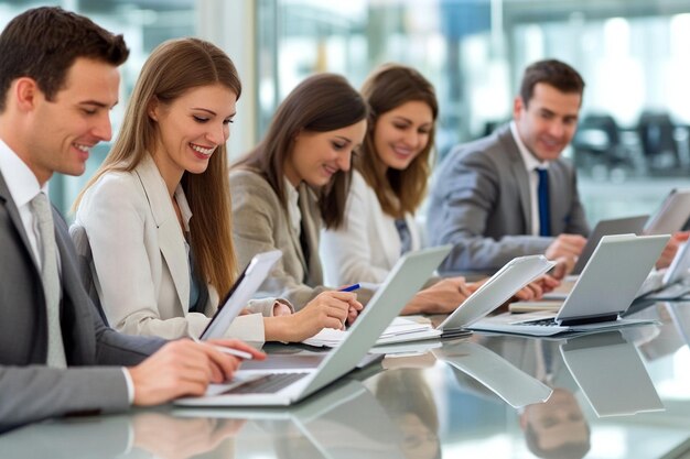 Empresarios felices usando computadoras portátiles y tabletas