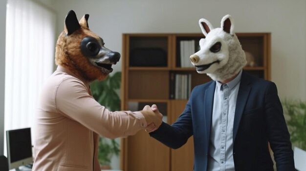 Foto empresarios con máscaras de animales dándose la mano en una conferencia mientras sonríen y ríen ia generativa